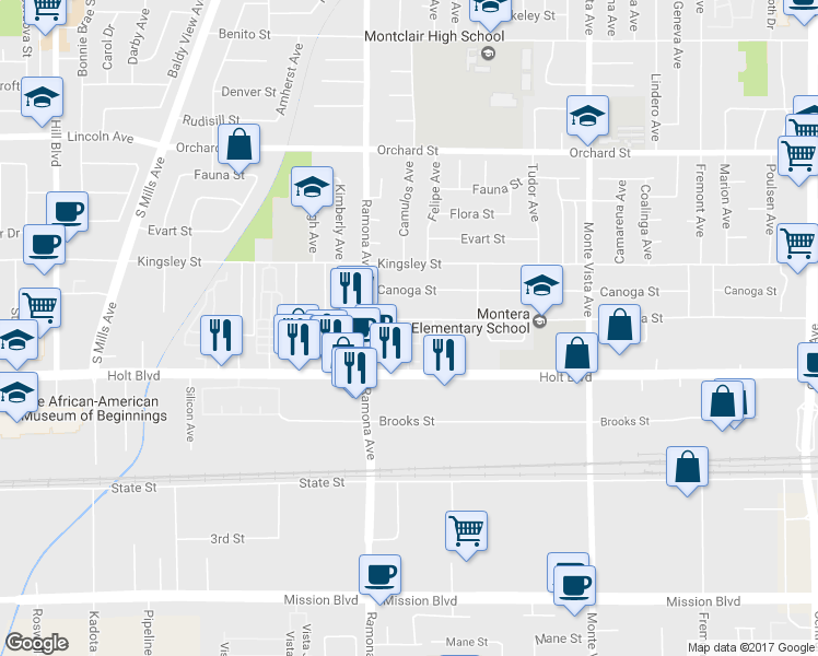 map of restaurants, bars, coffee shops, grocery stores, and more near 4542 Yosemite Drive in Montclair