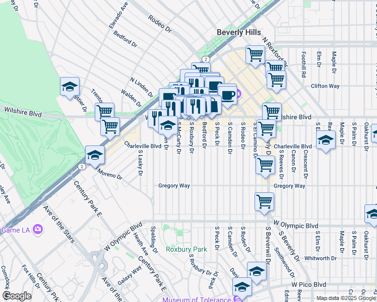 map of restaurants, bars, coffee shops, grocery stores, and more near 162 South Roxbury Drive in Beverly Hills