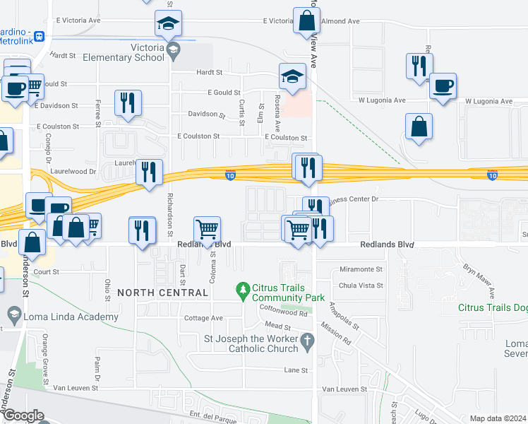 map of restaurants, bars, coffee shops, grocery stores, and more near 25526 Redlands Boulevard in Loma Linda
