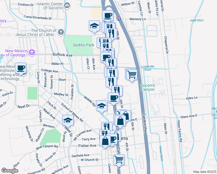 map of restaurants, bars, coffee shops, grocery stores, and more near 719 California Street in Socorro