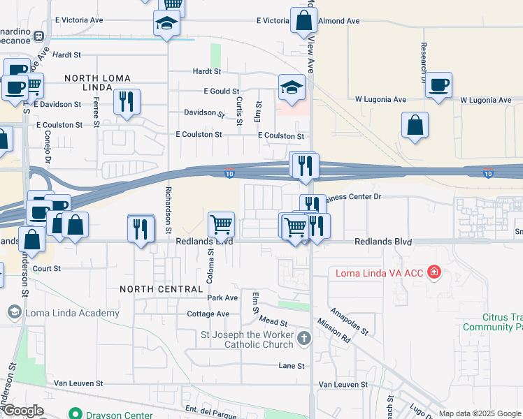 map of restaurants, bars, coffee shops, grocery stores, and more near 25526 Redlands Boulevard in Loma Linda