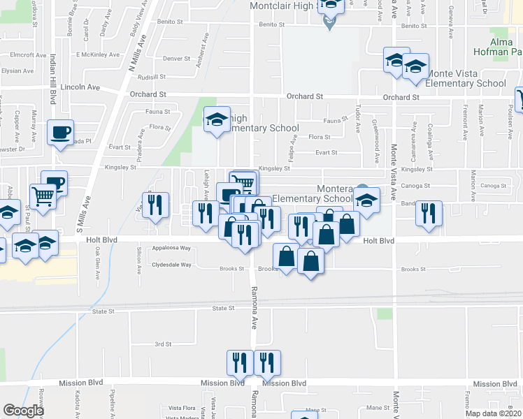 map of restaurants, bars, coffee shops, grocery stores, and more near 4512 Donner Court in Montclair
