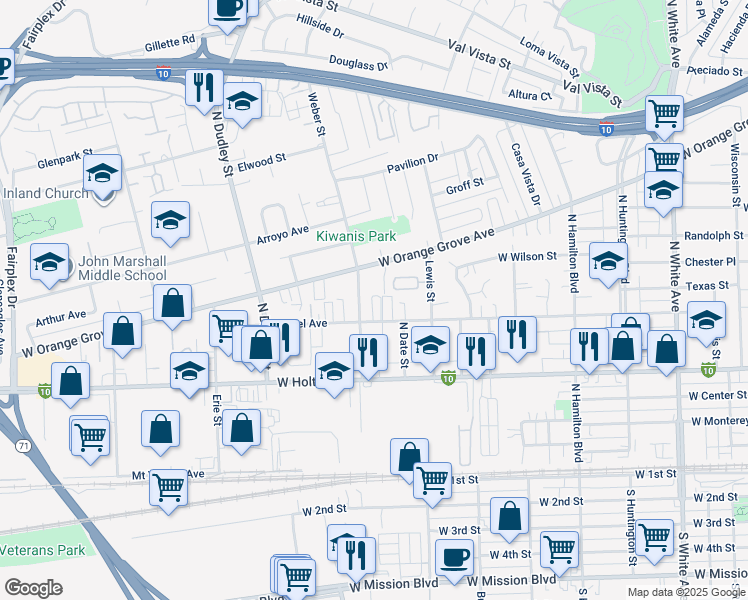 map of restaurants, bars, coffee shops, grocery stores, and more near 1373 Laurel Avenue in Pomona