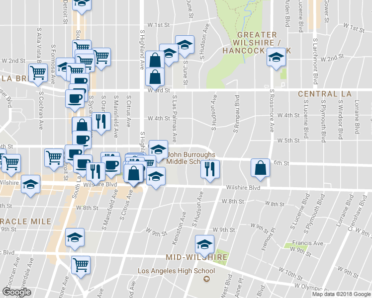 map of restaurants, bars, coffee shops, grocery stores, and more near 601 South June Street in Los Angeles