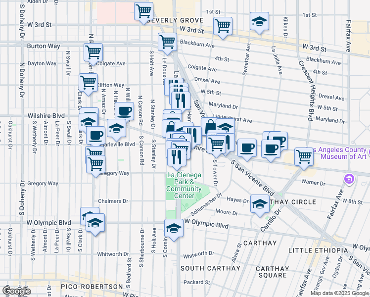 map of restaurants, bars, coffee shops, grocery stores, and more near in Beverly Hills