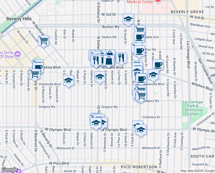 map of restaurants, bars, coffee shops, grocery stores, and more near 204 South Wetherly Drive in Beverly Hills