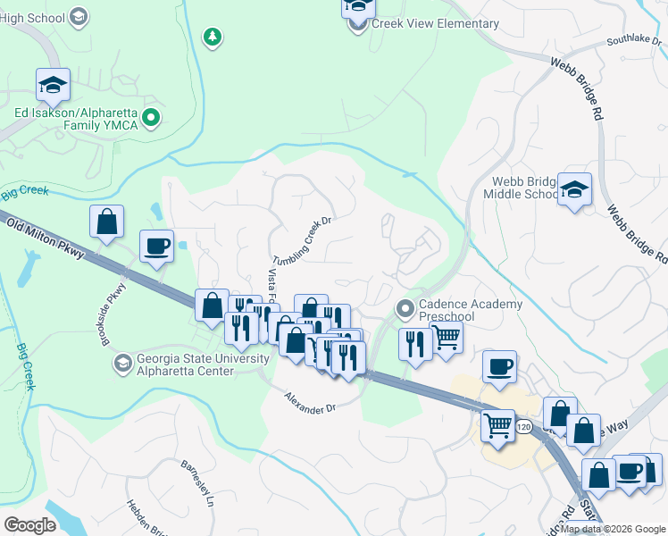 map of restaurants, bars, coffee shops, grocery stores, and more near 875 Highmeade Drive in Alpharetta