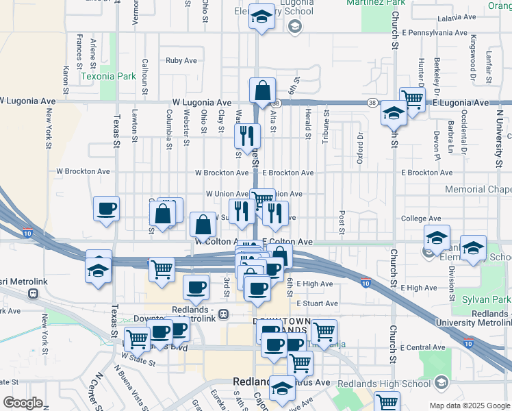 map of restaurants, bars, coffee shops, grocery stores, and more near 927 Orange Street in Redlands