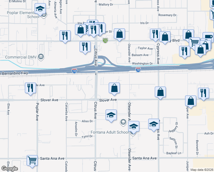 map of restaurants, bars, coffee shops, grocery stores, and more near 16204 Boyle Avenue in Fontana