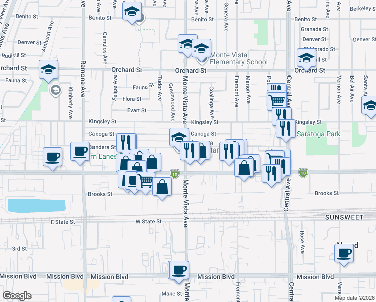 map of restaurants, bars, coffee shops, grocery stores, and more near 4929 Bandera Street in Montclair