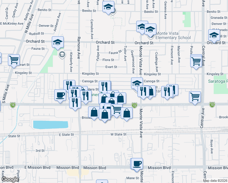 map of restaurants, bars, coffee shops, grocery stores, and more near 4720 Bandera Street in Montclair
