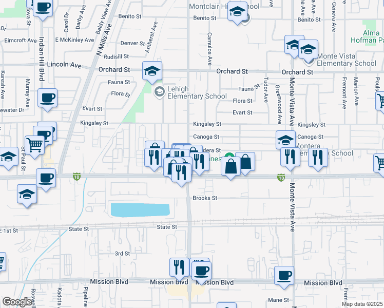 map of restaurants, bars, coffee shops, grocery stores, and more near 4524 Bandera Street in Montclair