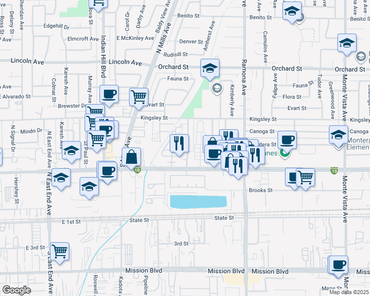 map of restaurants, bars, coffee shops, grocery stores, and more near 10408 Via Cara in Montclair