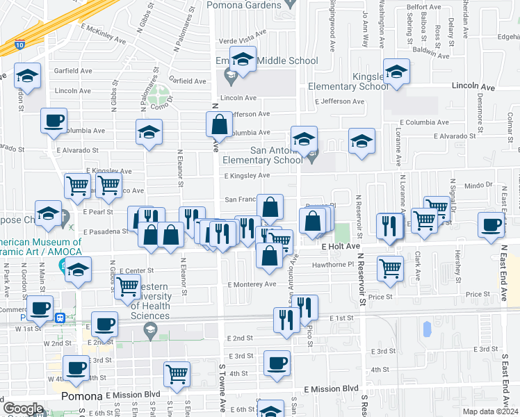 map of restaurants, bars, coffee shops, grocery stores, and more near 678 San Francisco Avenue in Pomona