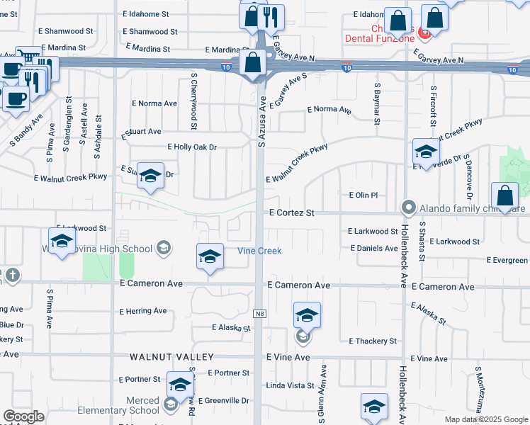 map of restaurants, bars, coffee shops, grocery stores, and more near 1801 East Cortez Street in West Covina