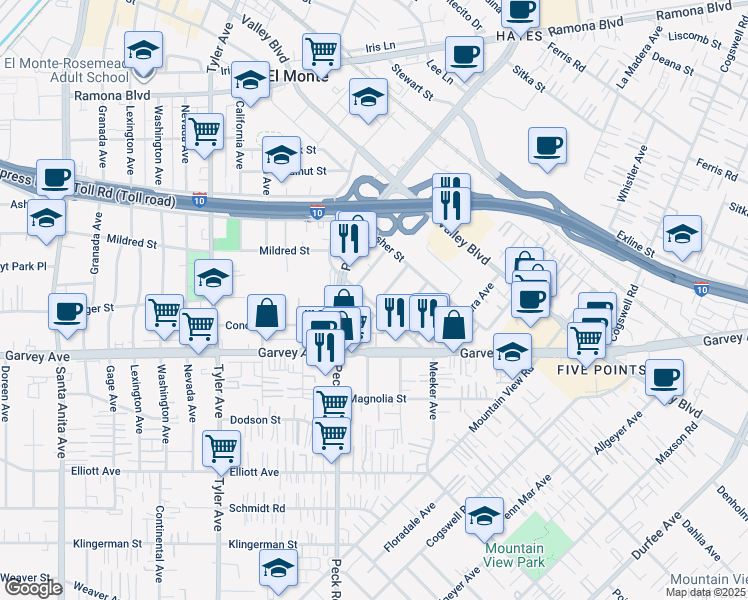 map of restaurants, bars, coffee shops, grocery stores, and more near 3107 San Leon Drive in El Monte