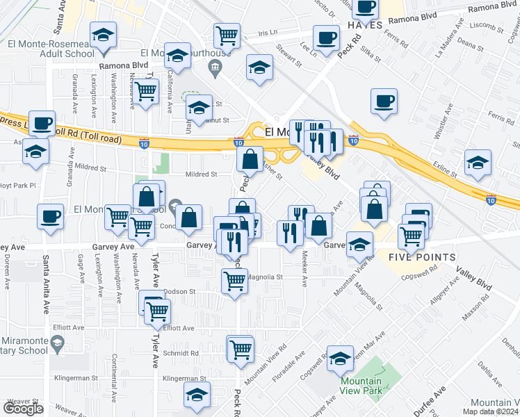 map of restaurants, bars, coffee shops, grocery stores, and more near 3107 San Leon Drive in El Monte