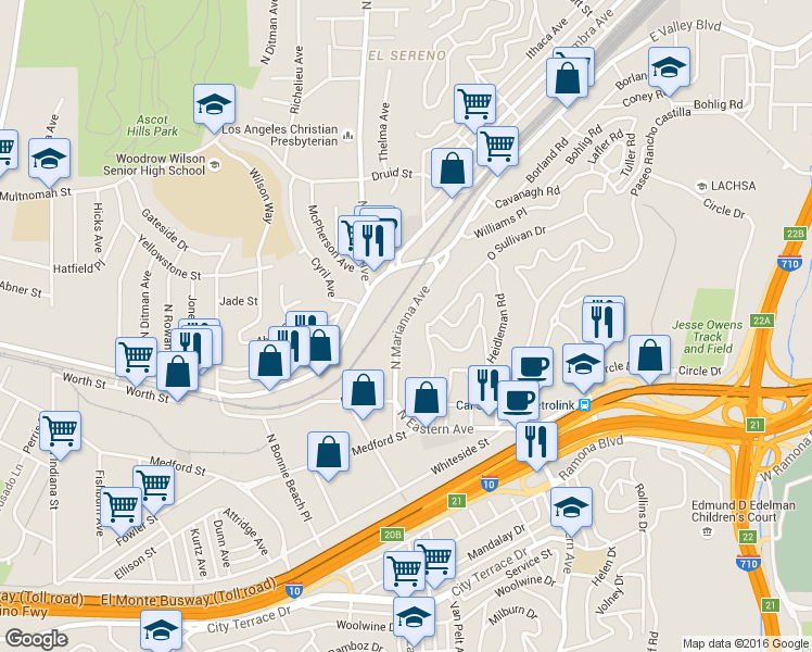 map of restaurants, bars, coffee shops, grocery stores, and more near 1951 North Marianna Avenue in Los Angeles