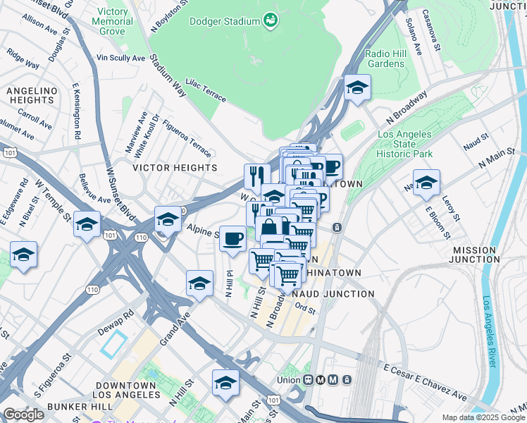map of restaurants, bars, coffee shops, grocery stores, and more near 850 Cleveland Street in Los Angeles