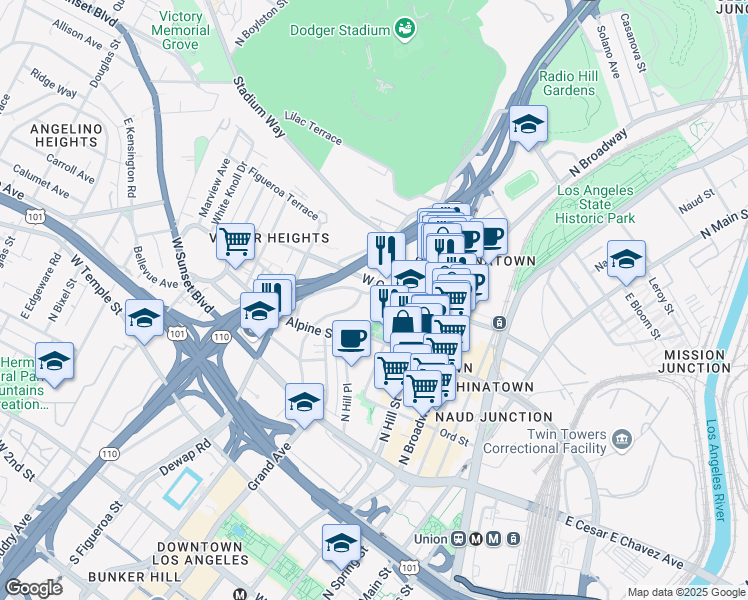 map of restaurants, bars, coffee shops, grocery stores, and more near 877 North Bunker Hill Avenue in Los Angeles