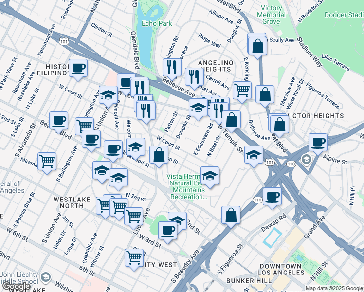 map of restaurants, bars, coffee shops, grocery stores, and more near 1336 West Angelina Street in Los Angeles