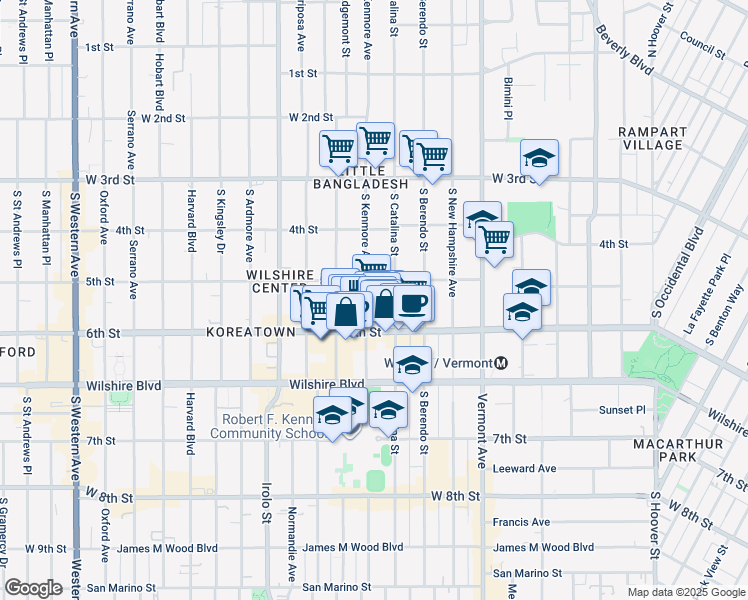 map of restaurants, bars, coffee shops, grocery stores, and more near 510 South Kenmore Avenue in Los Angeles