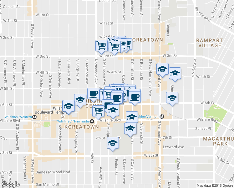 map of restaurants, bars, coffee shops, grocery stores, and more near 510 South Alexandria Avenue in Los Angeles