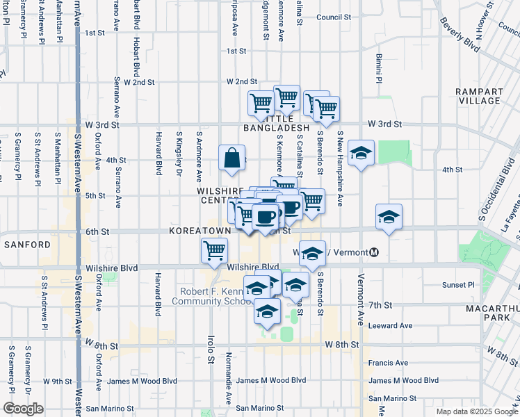 map of restaurants, bars, coffee shops, grocery stores, and more near 510 South Alexandria Avenue in Los Angeles