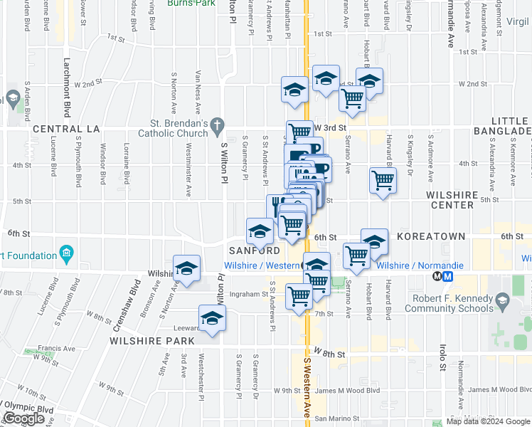 map of restaurants, bars, coffee shops, grocery stores, and more near in Los Angeles