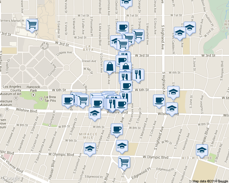 map of restaurants, bars, coffee shops, grocery stores, and more near 465 South Detroit Street in Los Angeles
