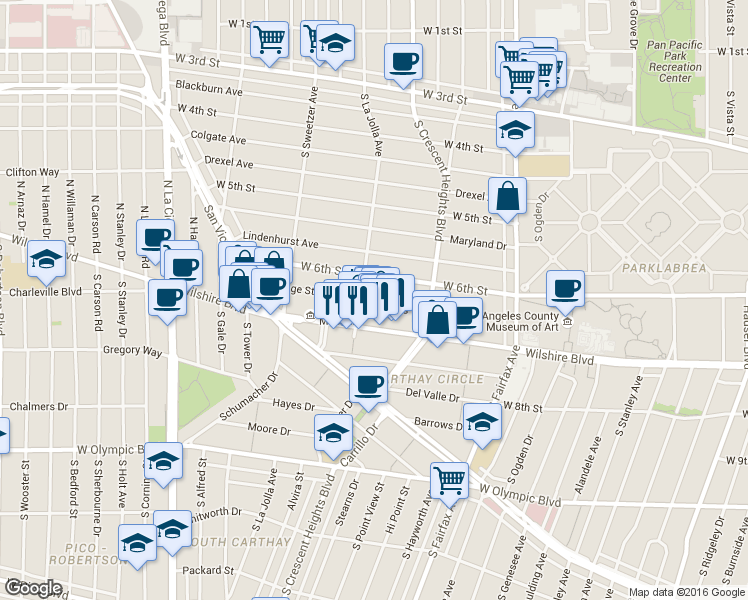 map of restaurants, bars, coffee shops, grocery stores, and more near 622 South La Jolla Avenue in Los Angeles