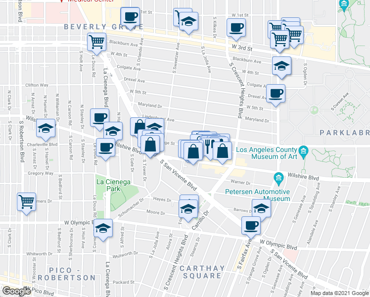 map of restaurants, bars, coffee shops, grocery stores, and more near 6443 Orange Street in Los Angeles