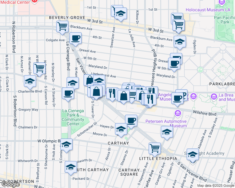 map of restaurants, bars, coffee shops, grocery stores, and more near 6443 Orange Street in Los Angeles