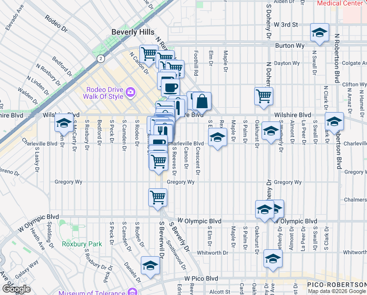 map of restaurants, bars, coffee shops, grocery stores, and more near 9379 Charleville Boulevard in Beverly Hills