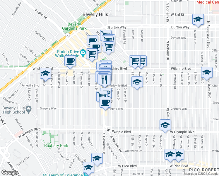 map of restaurants, bars, coffee shops, grocery stores, and more near 9433 Charleville Boulevard in Beverly Hills