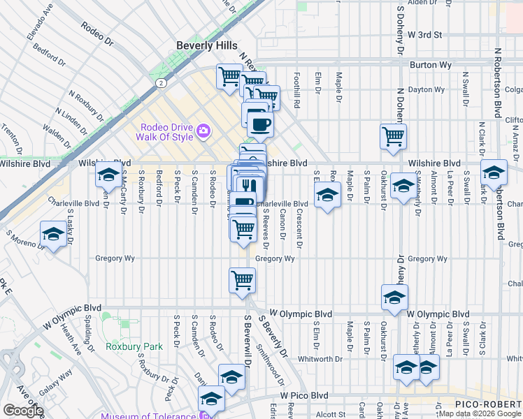 map of restaurants, bars, coffee shops, grocery stores, and more near 9433 Charleville Boulevard in Beverly Hills