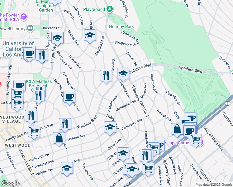 map of restaurants, bars, coffee shops, grocery stores, and more near 10450 Wilshire Boulevard in Los Angeles