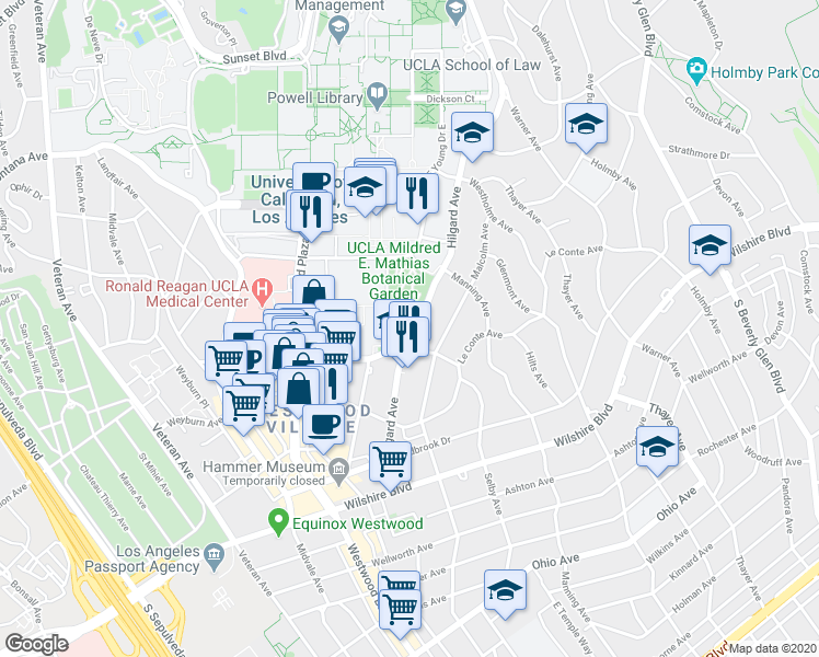 map of restaurants, bars, coffee shops, grocery stores, and more near 870 Hilgard Avenue in Los Angeles