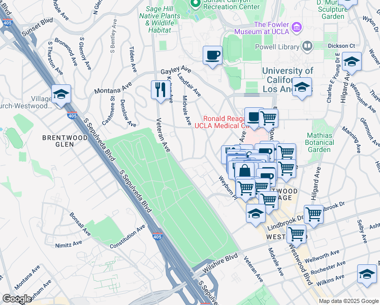 map of restaurants, bars, coffee shops, grocery stores, and more near 649 1/2 Midvale Avenue in Los Angeles
