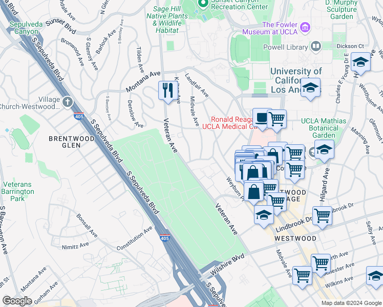 map of restaurants, bars, coffee shops, grocery stores, and more near 649 1/2 Midvale Avenue in Los Angeles