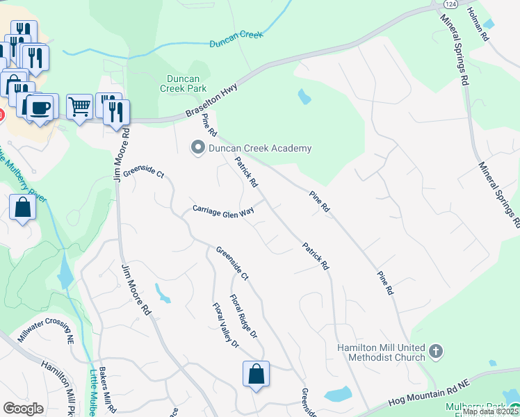 map of restaurants, bars, coffee shops, grocery stores, and more near 3641 Carriage Glen Way in Dacula