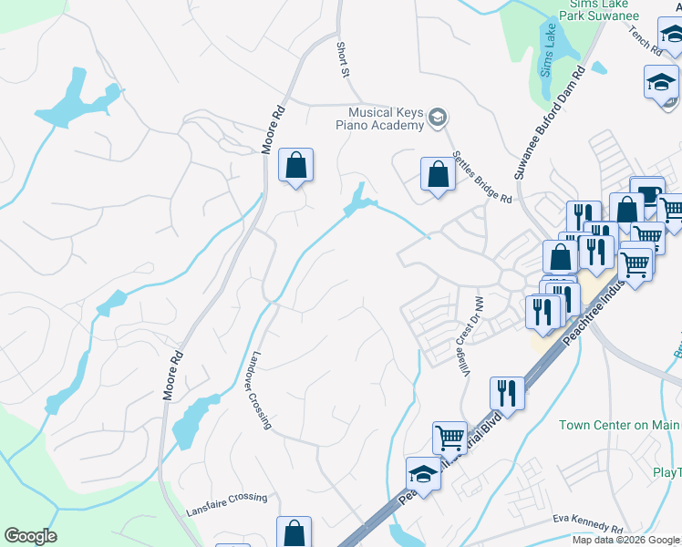 map of restaurants, bars, coffee shops, grocery stores, and more near 4345 Landover Way Northwest in Suwanee