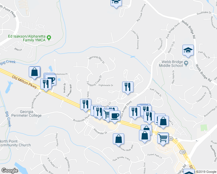 map of restaurants, bars, coffee shops, grocery stores, and more near 875 Highmeade Drive in Alpharetta