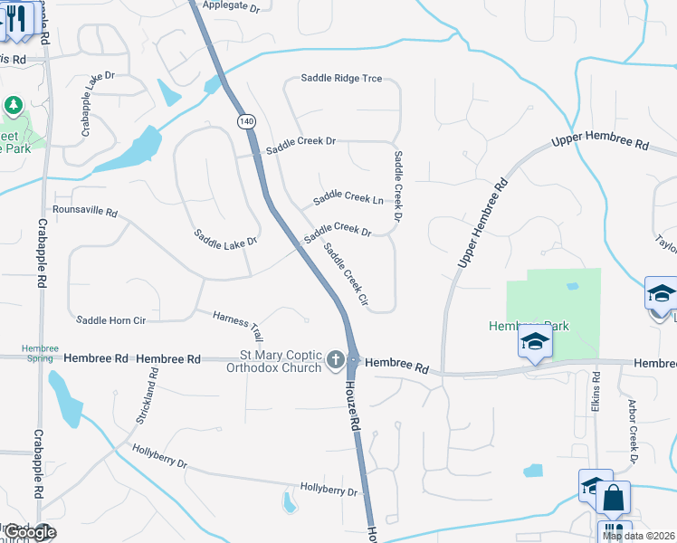 map of restaurants, bars, coffee shops, grocery stores, and more near 545 Saddle Creek Circle in Roswell
