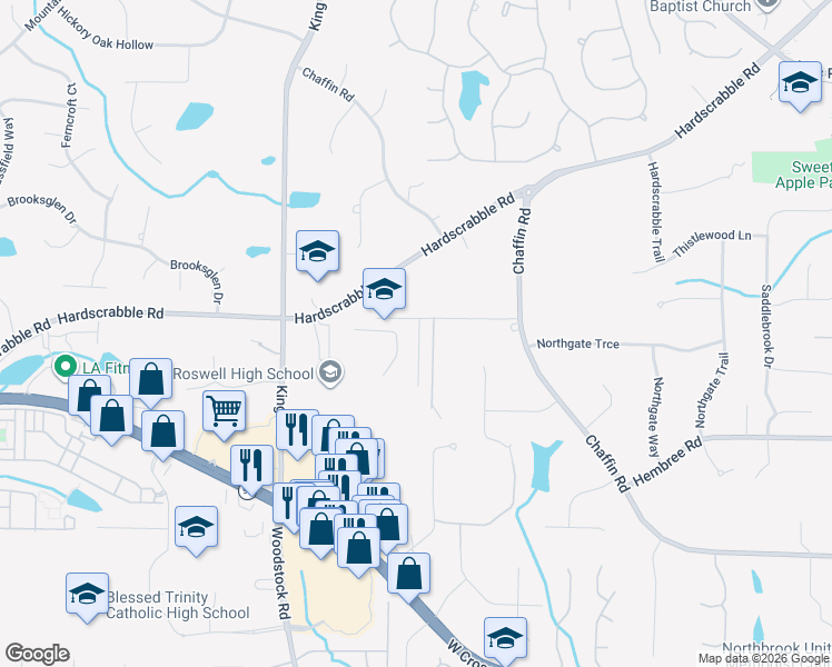 map of restaurants, bars, coffee shops, grocery stores, and more near 120 Cochran Farms Drive in Roswell