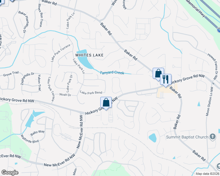map of restaurants, bars, coffee shops, grocery stores, and more near 2650 Lake Park Bend in Acworth