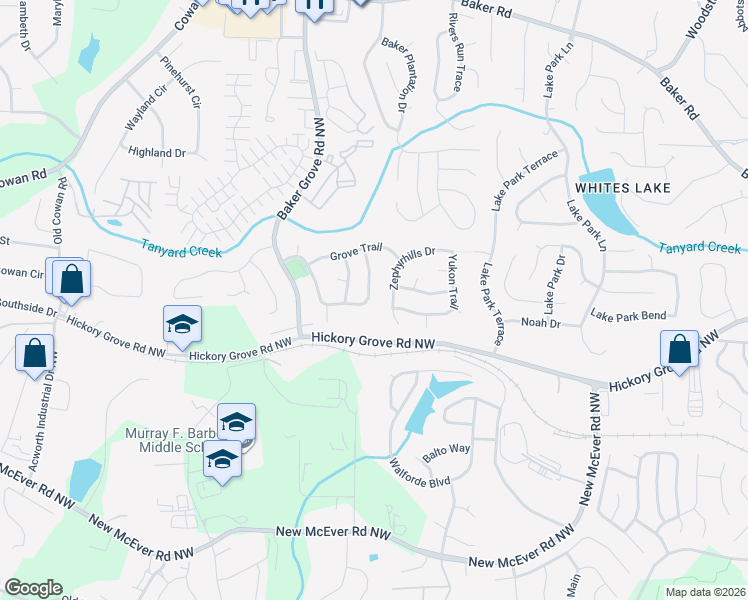 map of restaurants, bars, coffee shops, grocery stores, and more near 4421 Grove Drive Northwest in Acworth