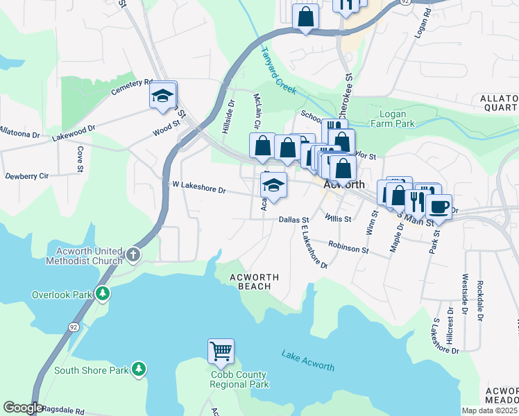 map of restaurants, bars, coffee shops, grocery stores, and more near 4536 Lombardy Way in Acworth