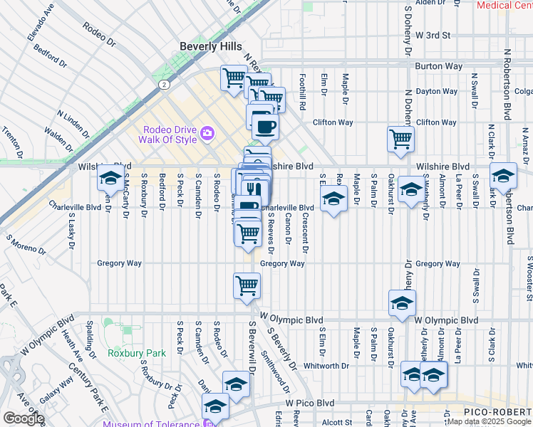 map of restaurants, bars, coffee shops, grocery stores, and more near 205 South Reeves Drive in Beverly Hills