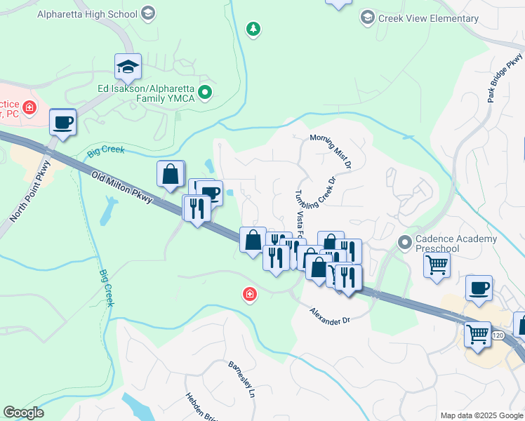 map of restaurants, bars, coffee shops, grocery stores, and more near 3065 Camden Way in Alpharetta